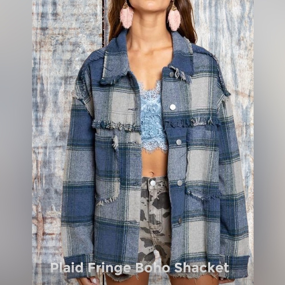 POL Blue Plaid Fringe Boho Button-Down Jacket